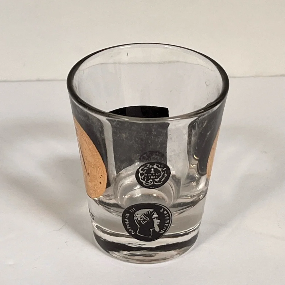 8 VTG Shot Glasses MCM Cera Glass Coins Gold Black Barware Mid-century Modern
